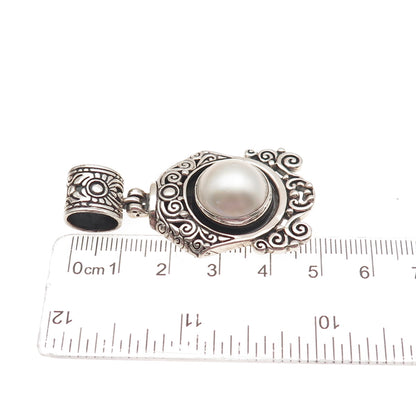 925 Sterling Silver Vintage Real Pearl Modernist Ornate Oxidized Pendant