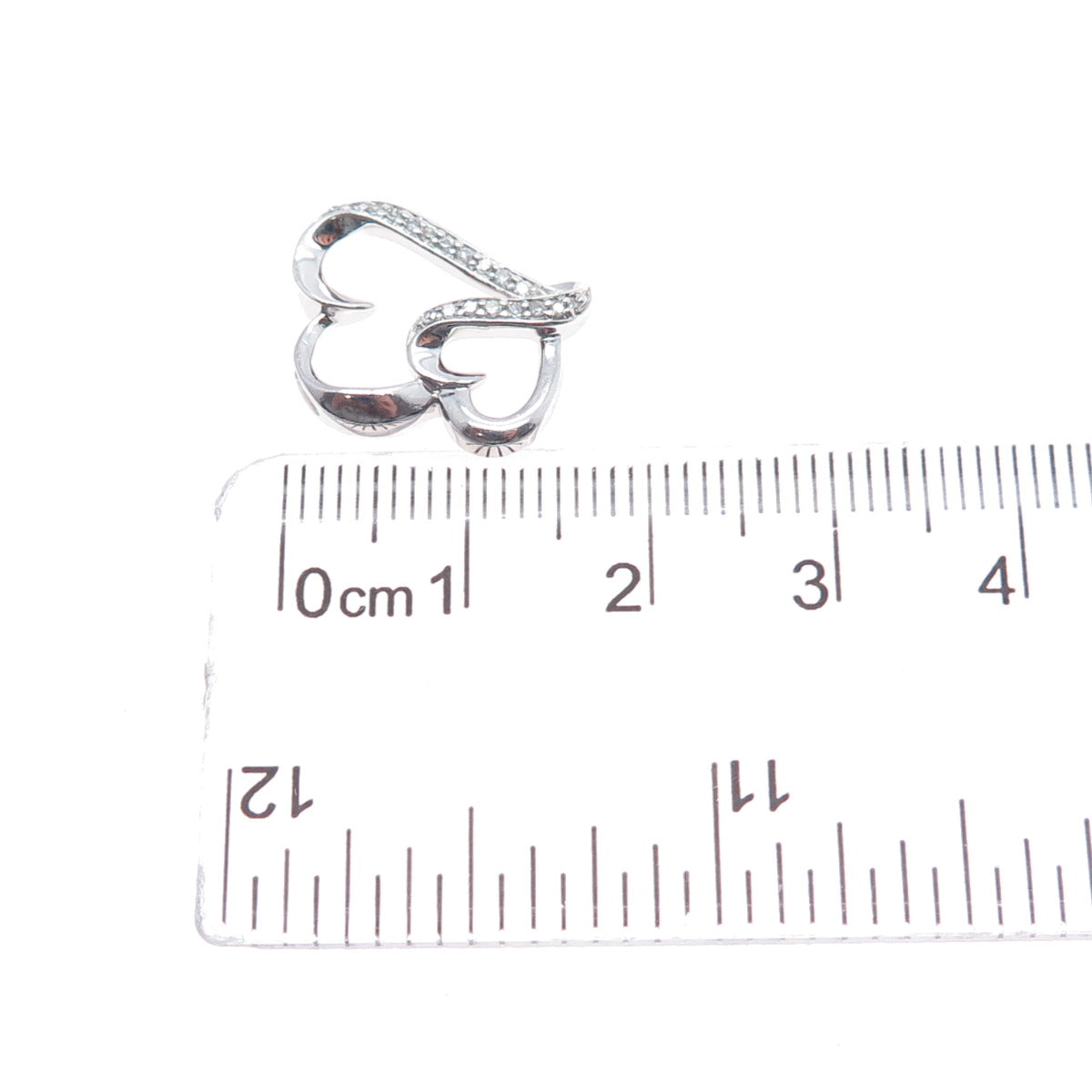 925 Sterling Silver Real Round-Cut Diamond Double Heart Mini Slide Charm Pendant