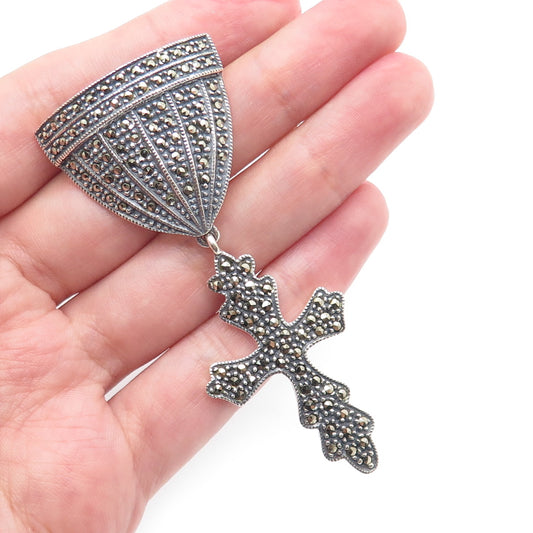 JIDITH JACK 925 Sterling Silver Vintage Real Marcasite Cross Medal Pin Brooch