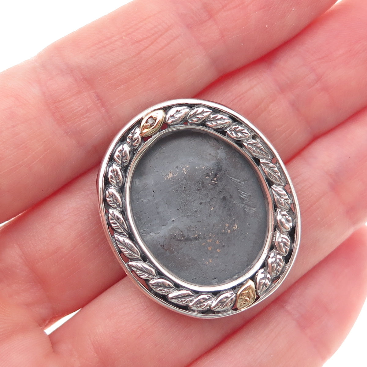 925 Sterling Silver 10K Gold Vintage Real Diamond Picture Frame Brooch / Pendant