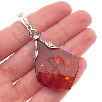 925 Sterling Silver Vintage BK Poland Real Amber Modernist Oxidized Pendant
