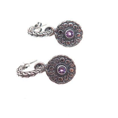 925 Sterling Silver Vintage Real Amethyst Dangle Charm Hoop Earrings