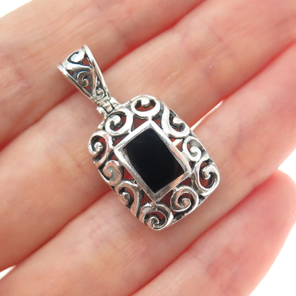 925 Sterling Silver Vintage Real Black Onyx Spiral Oxidized Charm Pendant