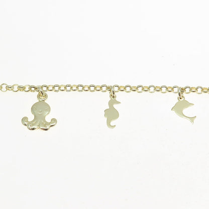 925 Sterling Silver Gold Plated Sea Life Dangle Charm Rolo Link Bracelet 7"