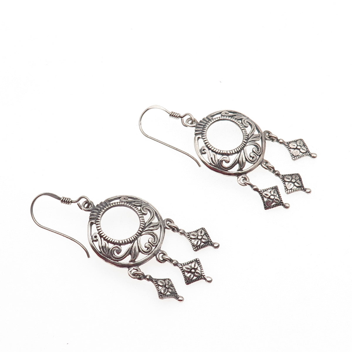 925 Sterling Silver Vintage Crescent Ornate Floral Oxidized Dangle Earrings