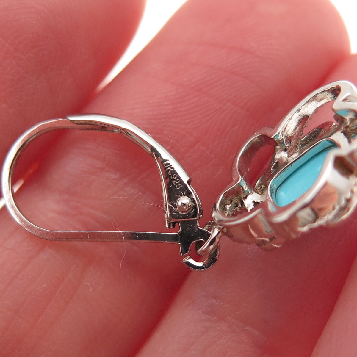 925 Sterling Silver Real Sleeping Beauty Turquoise Floral Dangle Earrings