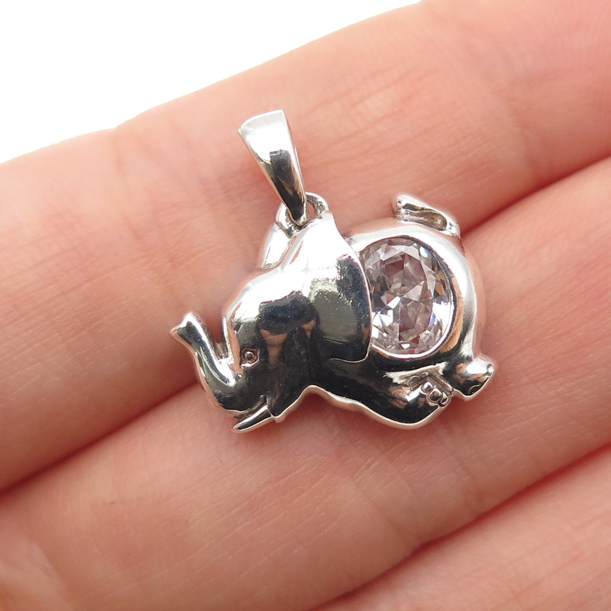 925 Sterling Silver Vintage Round-Cut C Z Elephant Mini Charm Pendant