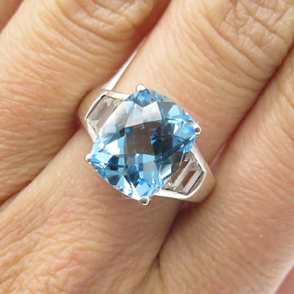 925 Sterling Silver Real Cushion-Cut Blue Topaz & C Z Ring Size 7.25