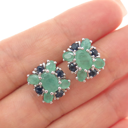 925 Sterling Silver Vintage Real Oval-Cut Emerald & Round-Cut Sapphire Earrings