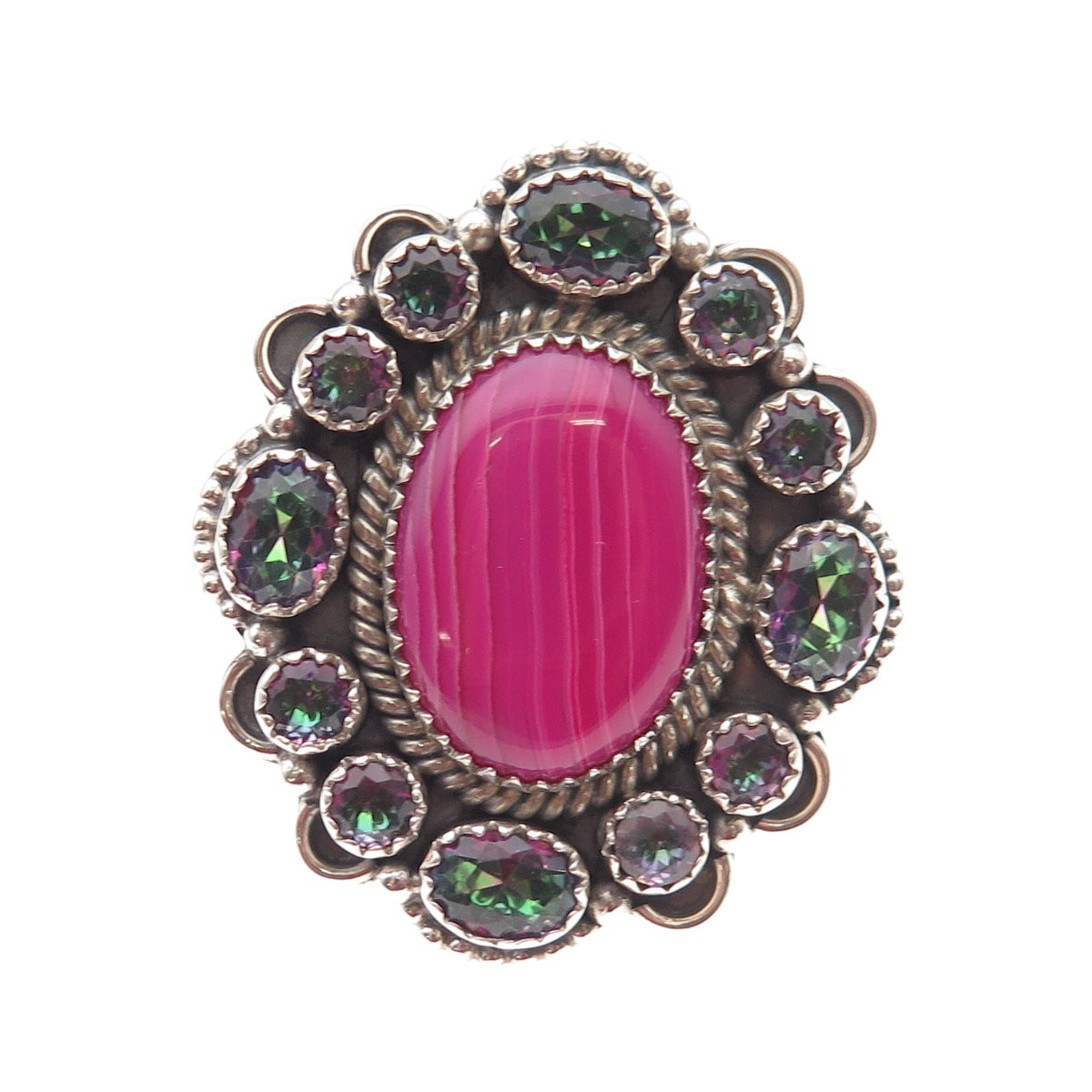 925 Sterling Vintage Real Pink Agate & Mystic Quartz Statement Ring Size 8.25
