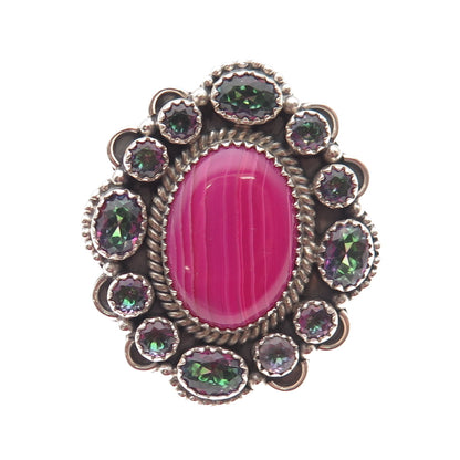 925 Sterling Vintage Real Pink Agate & Mystic Quartz Statement Ring Size 8.25