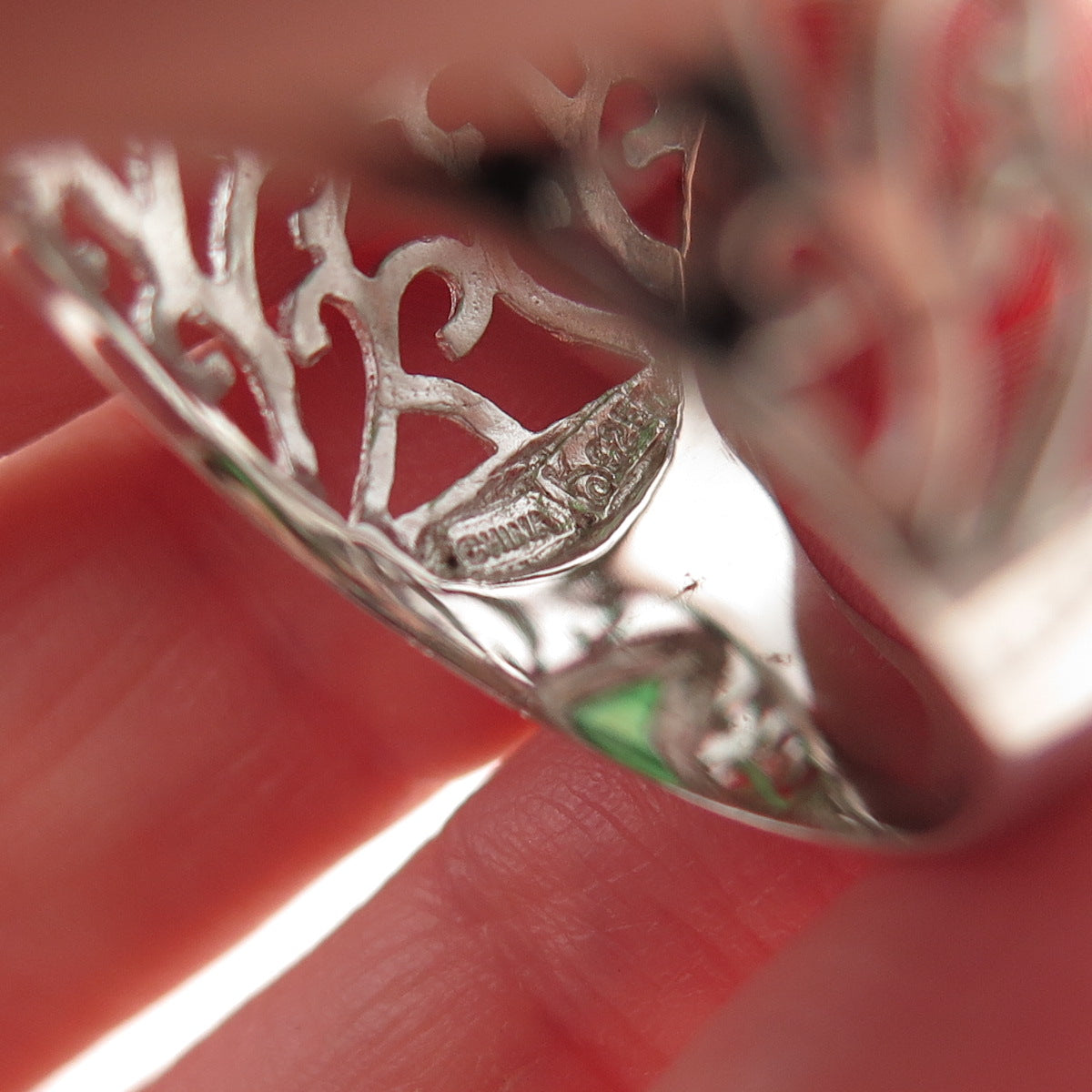Ken Crafts 925 Sterling Silver Real Green Agate Floral Scroll Ring Size 9