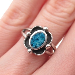 Old Pawn 925 Sterling Silver Vintage Turquoise Inlay Oxidized Tribal Ring Size 6