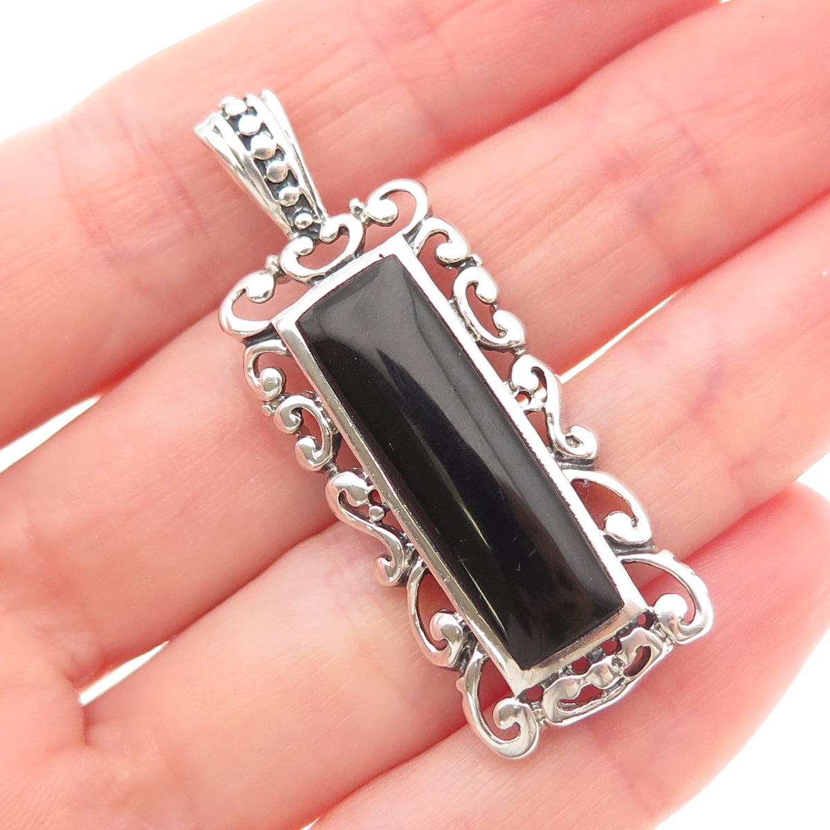 925 Sterling Silver Vintage Real Black Onyx Ornate Oxidized Pendant