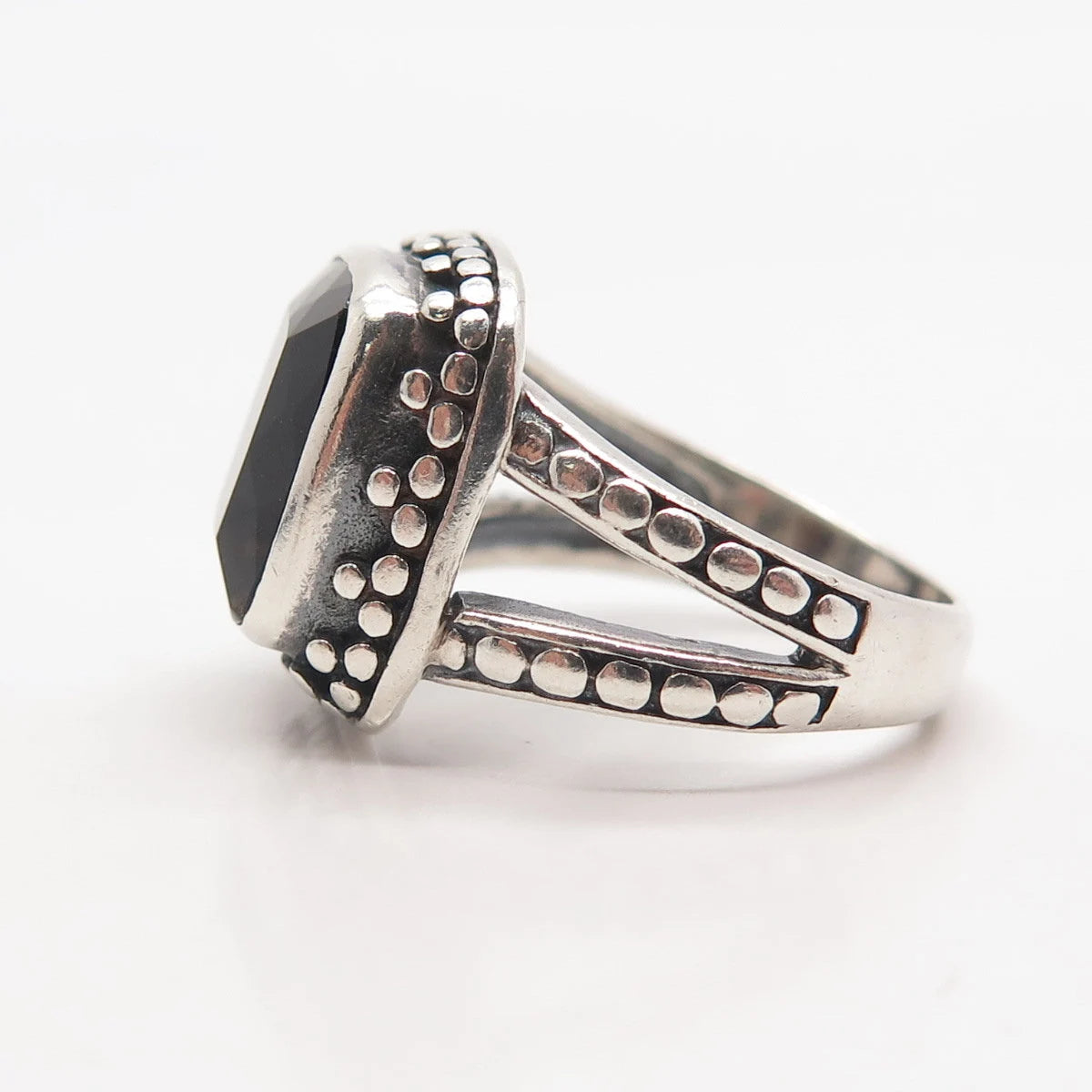 925 Sterling Silver Vintage Real Smoky Quartz Dots Ring Size 7.25