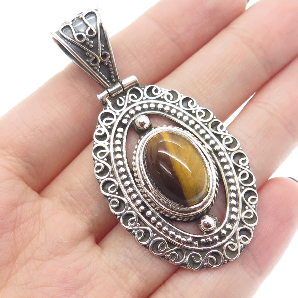 925 Sterling Silver Vintage Real Tiger Eye Boho Ornate Pendant