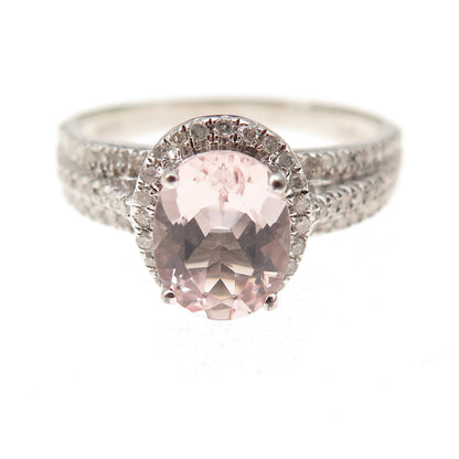 Lotus 925 Sterling Silver Real Diamond & Morganite Ring Size 10