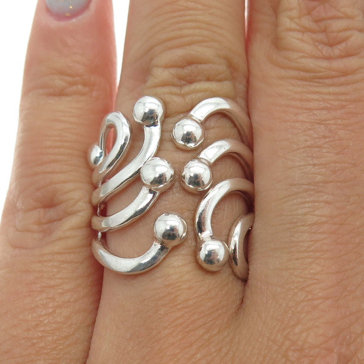 ATI 925 Sterling Silver Beaded Modernist Wide Ring Size 6.75