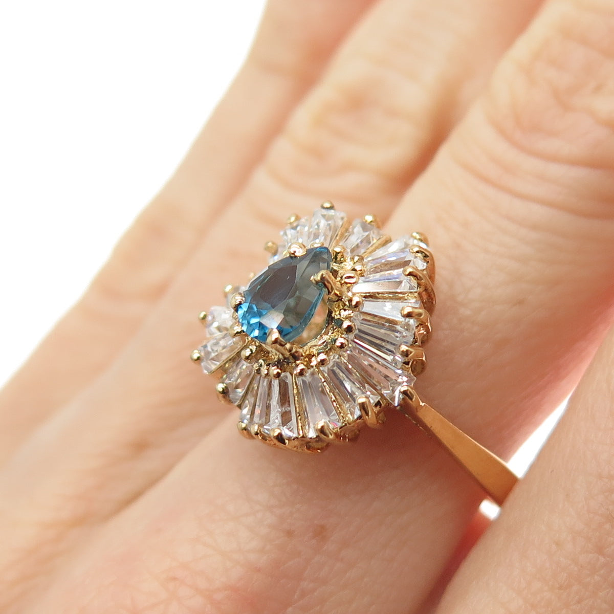 925 Sterling Silver Gold Plated Real London Blue Topaz & C Z Ring Size 6.75