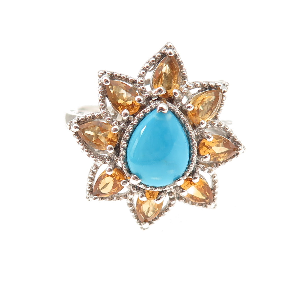 Chuck Clemency 925 Sterling Silver Real Turquoise Citrine Floral Ring Size 8.25