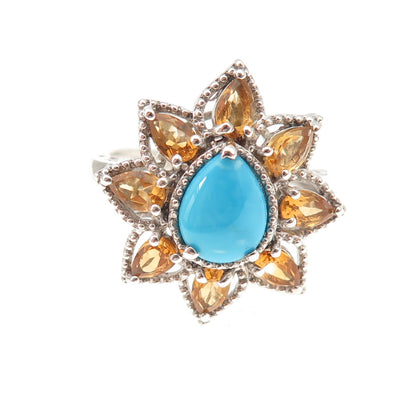 Chuck Clemency 925 Sterling Silver Real Turquoise Citrine Floral Ring Size 8.25