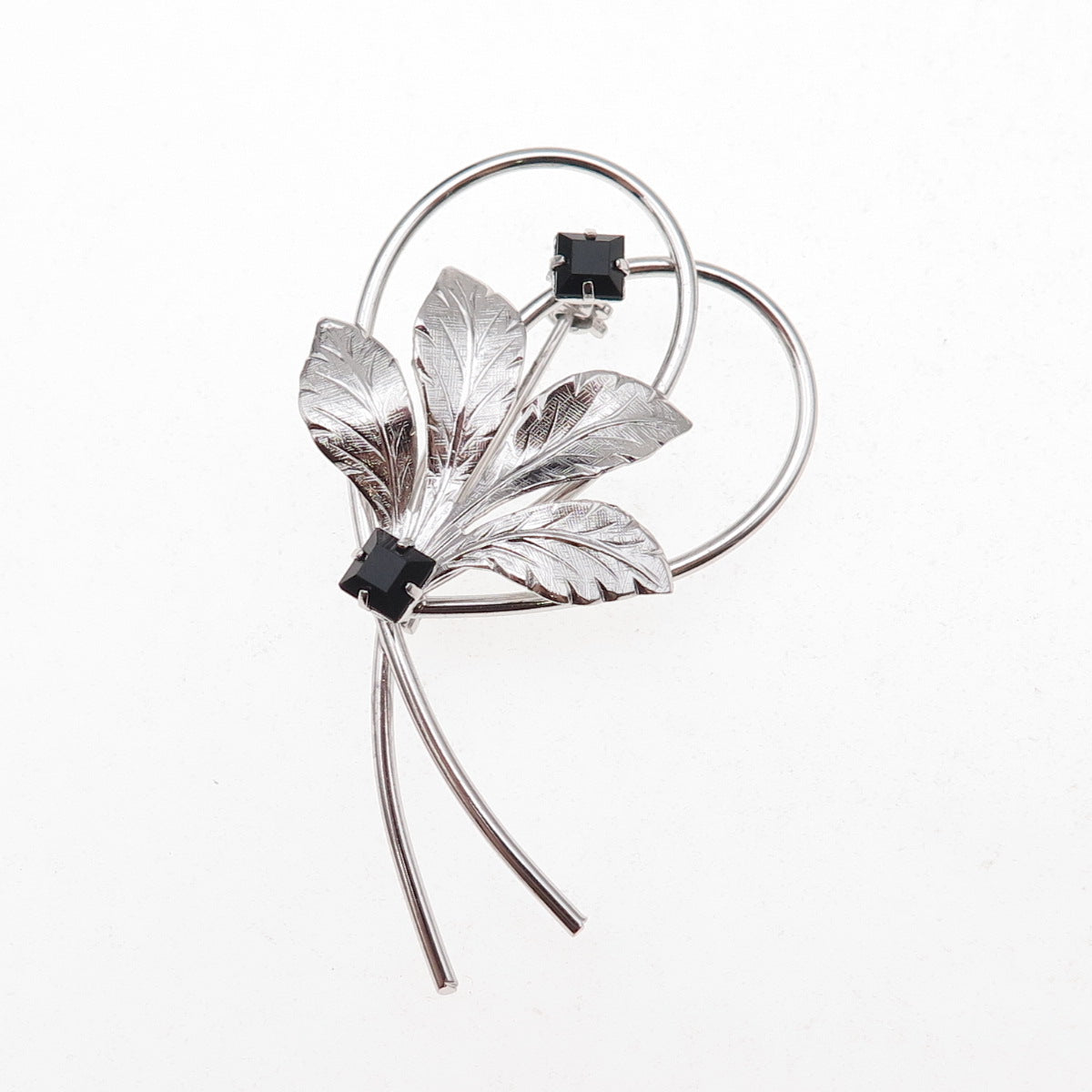 Rolyn 925 Sterling Silver Vintage Black Rhinestone Floral Pin Brooch