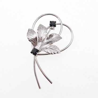 Rolyn 925 Sterling Silver Vintage Black Rhinestone Floral Pin Brooch