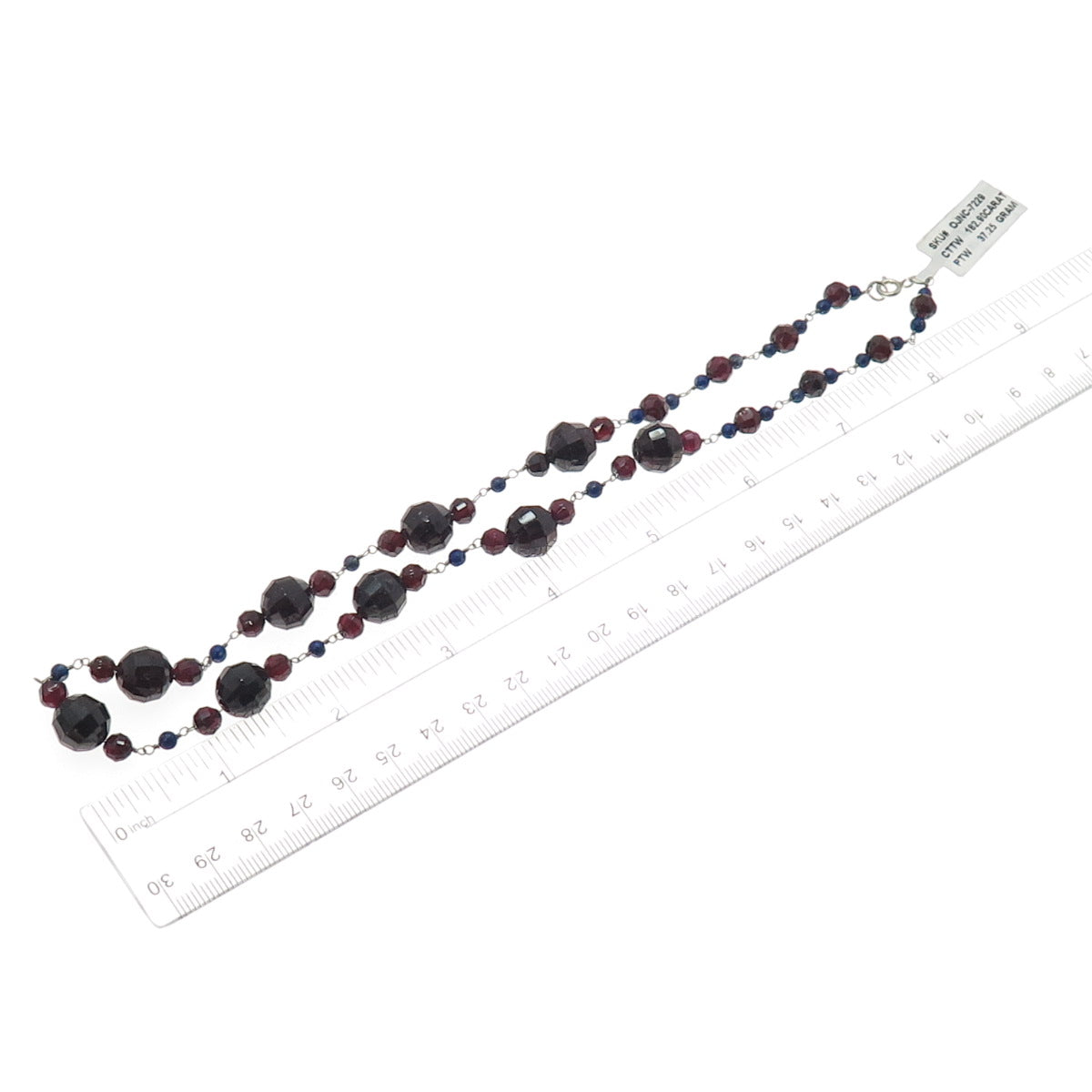 925 Sterling Silver Vintage Real Red Garnet & Lapis Beaded Chain Necklace 16"