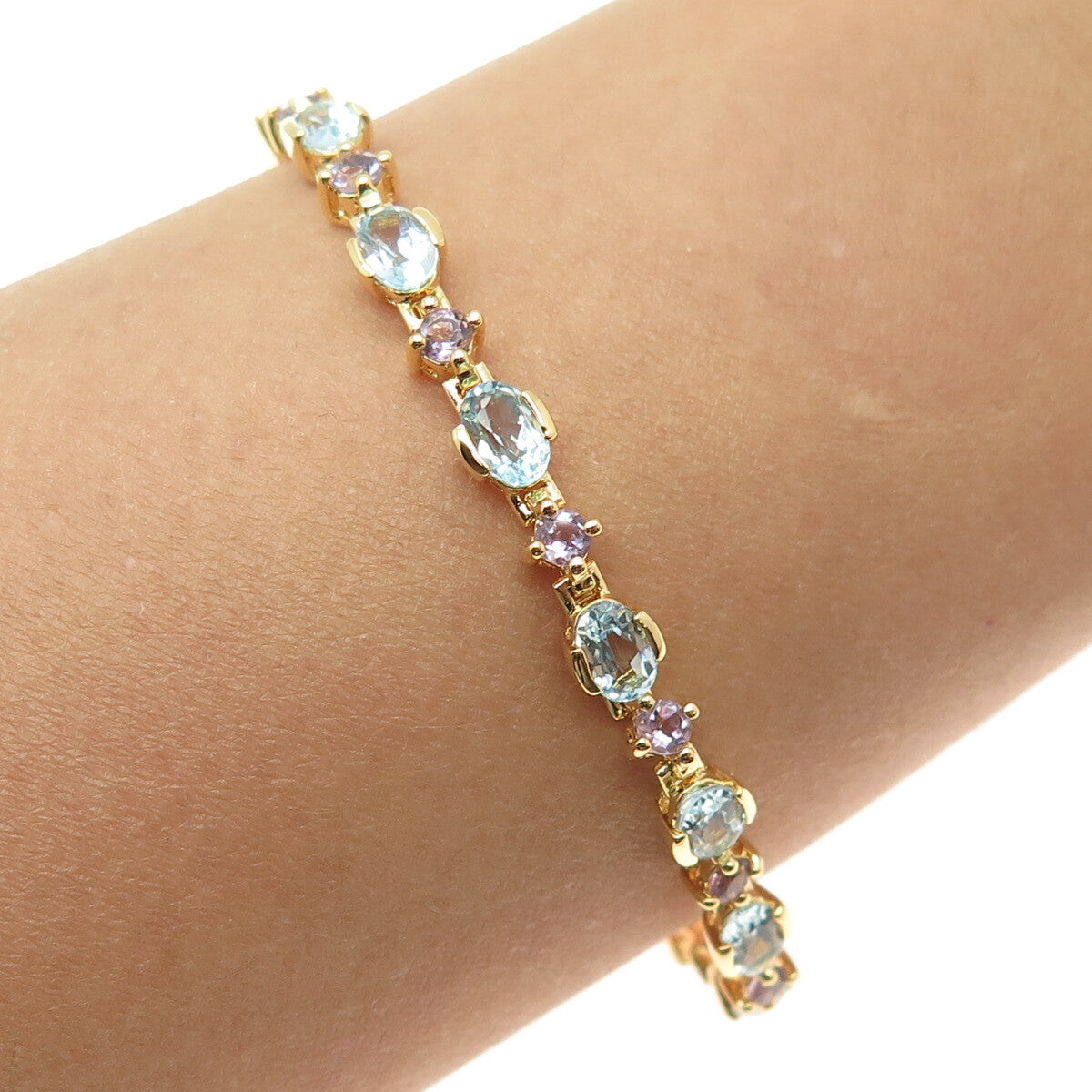 925 Sterling Silver Gold Plated Real Amethyst & Blue Topaz Bracelet 7.25"
