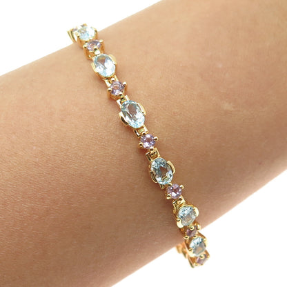 925 Sterling Silver Gold Plated Real Amethyst & Blue Topaz Bracelet 7.25"