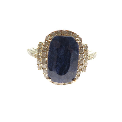 DSMK 925 Sterling Silver Gold Plated Real Diamond & Sapphire Ring Size 7
