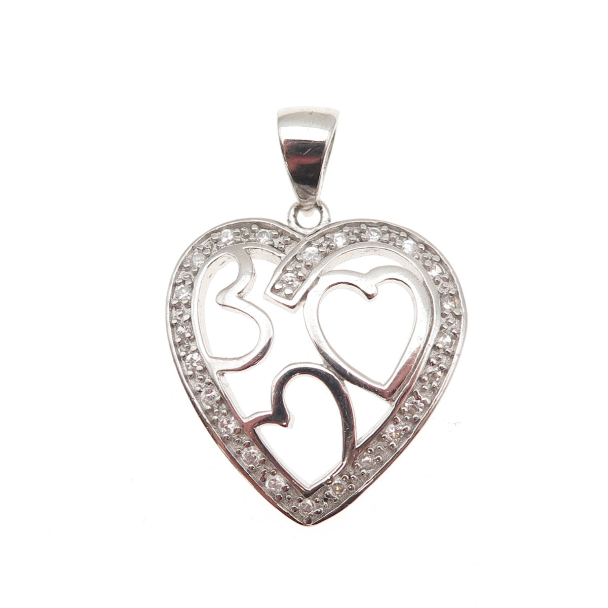 925 Sterling Silver Round-Cut C Z Multi-Heart Charm Pendant