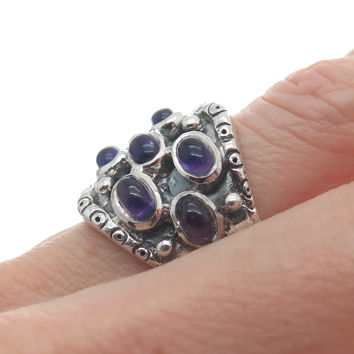 925 Sterling Silver Vintage Real Amethyst Modernist Oxidized Ring Size 7