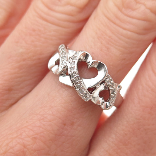 925 Sterling Silver Real Round-Cut Diamond Open Heart Ring Size 7