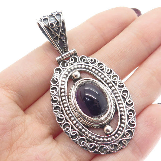 925 Sterling Silver Vintage Real Amethyst Gemstone Boho Ornate Pendant