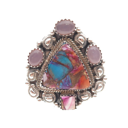925 Sterling Vintage Mohave Turquoise & Pink Moonstone Adjustable Ring Size 7.5