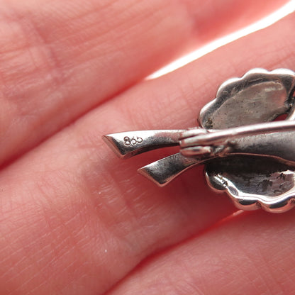 835 Silver Antique Art Deco Real Marcasite Floral Oxidized Pin Brooch