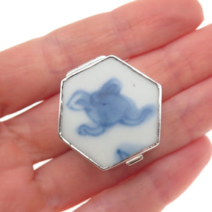 925 Sterling Silver Vintage Ceramic Floral Pill / Snuff Box