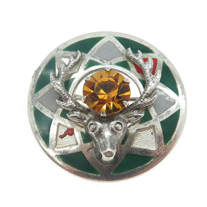 925 Sterling Silver Vintage Enamel Yellow Rhinestone Scottish Stag Pin Brooch