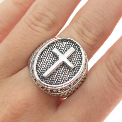 950 Silver Vintage Cross Oxidized Signet Ring Size 9.75