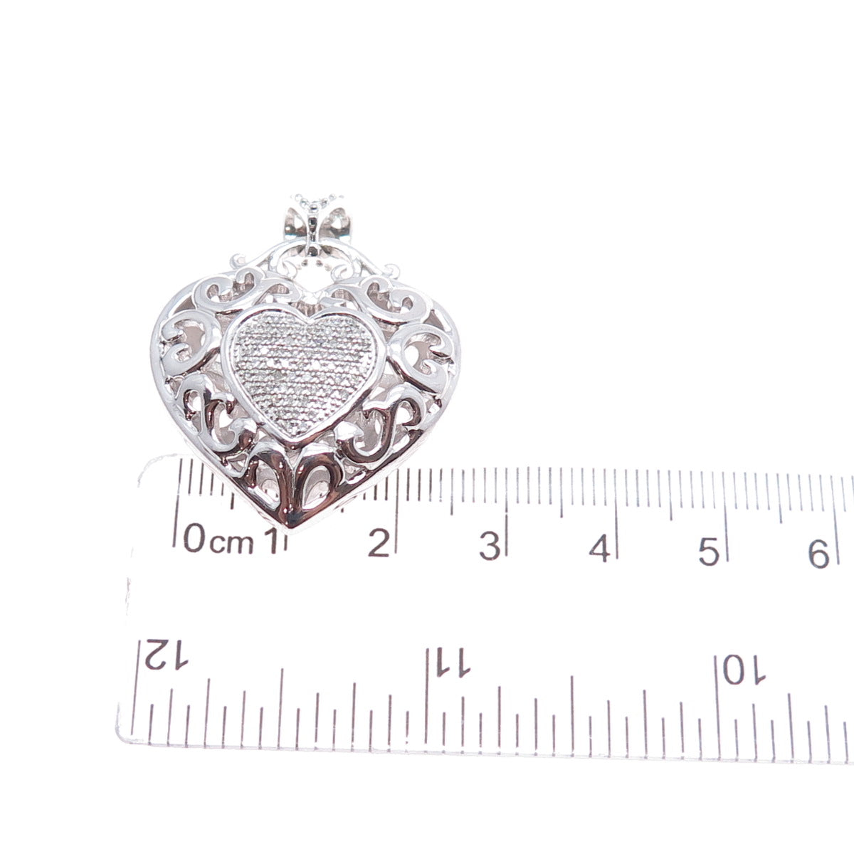925 Sterling Silver Real Round-Cut Diamond Swirl Heart Charm Pendant