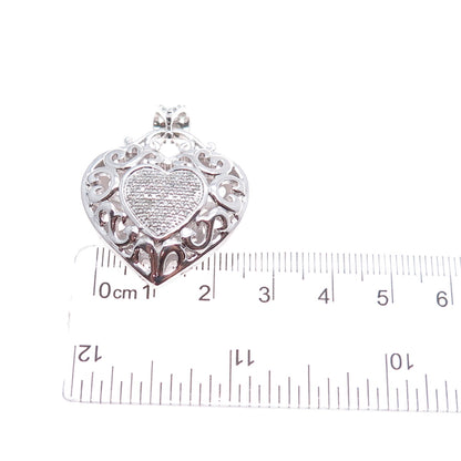 925 Sterling Silver Real Round-Cut Diamond Swirl Heart Charm Pendant