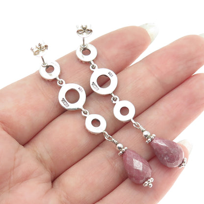 925 Sterling Silver Vintage Real Rhodonite Granulated Circle Drop Earrings