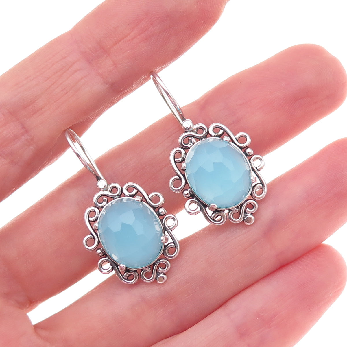 Bili 925 Sterling Silver Vintage Israel Real Chalcedony Floral Oxidized Earrings