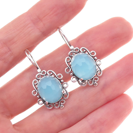 Bili 925 Sterling Silver Vintage Israel Real Chalcedony Floral Oxidized Earrings