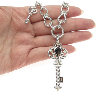 DANWAK 18K Gold Sterling 5-Diamond 0.13ct & 2-Quartz 2.38ct Key Necklace 18"