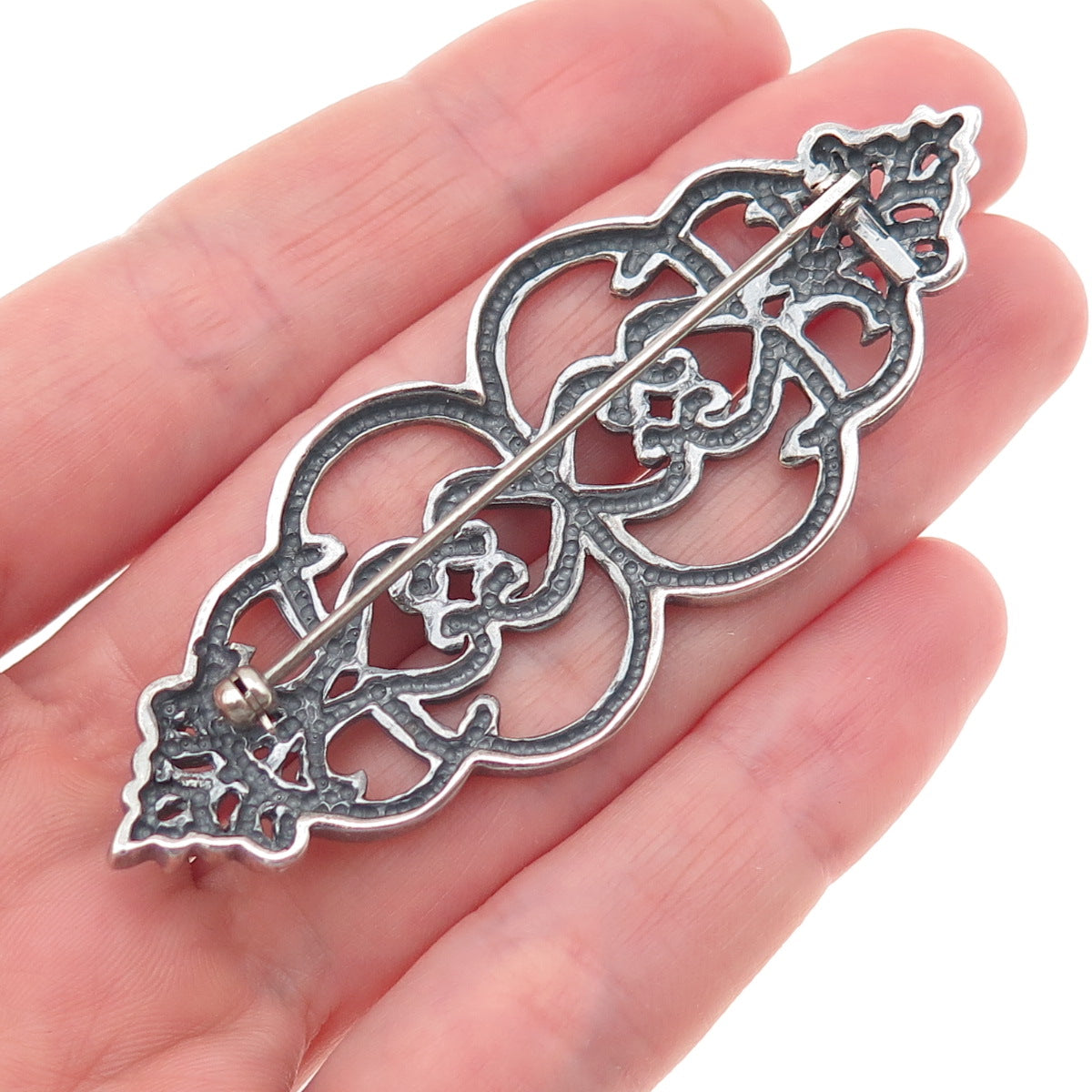925 Sterling Silver Vintage Modernist Orante Floral Oxidized Pin Brooch
