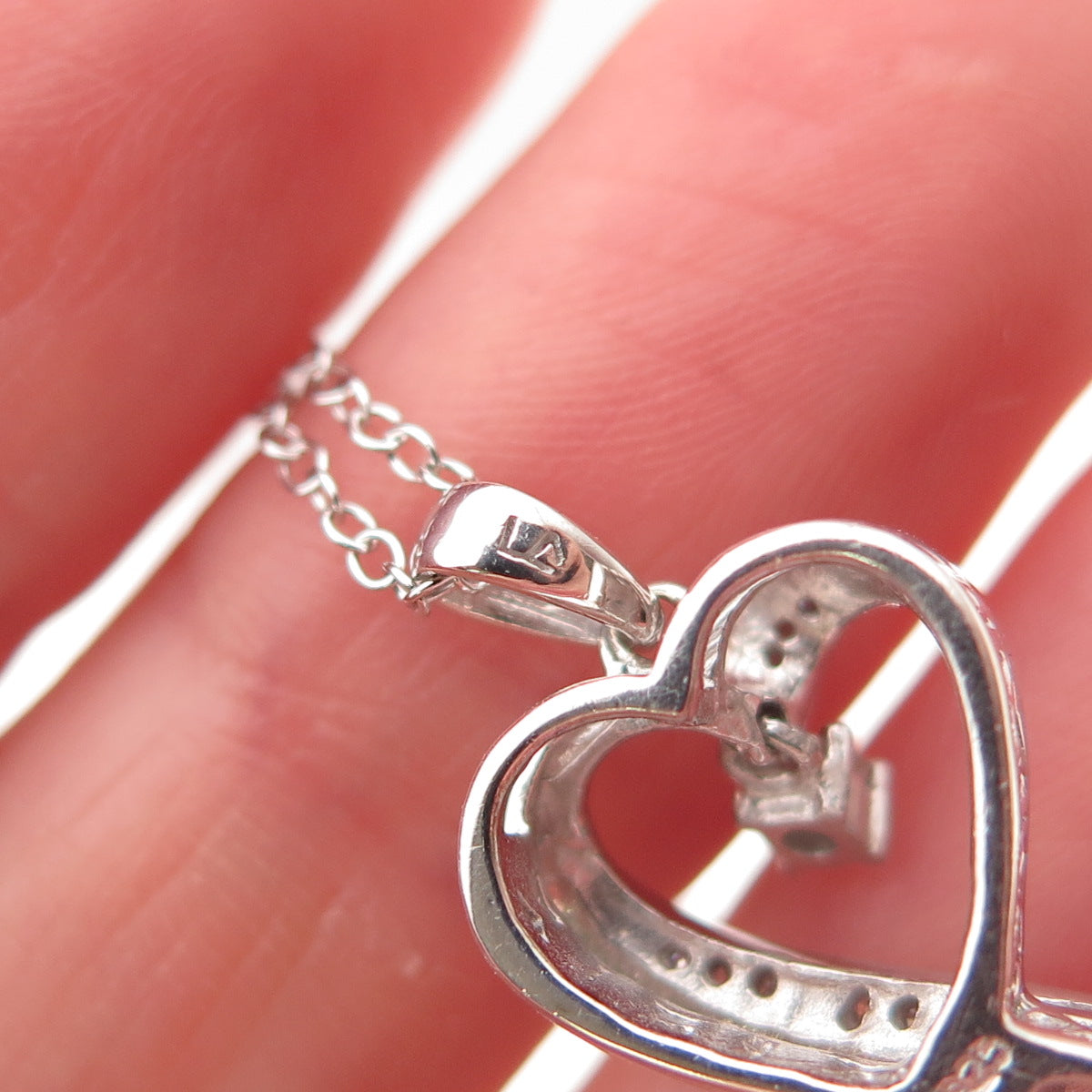 925 Sterling Silver Real Diamond Couple Heart Cable Chain Necklace 18"