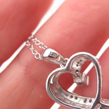 925 Sterling Silver Real Diamond Couple Heart Cable Chain Necklace 18"