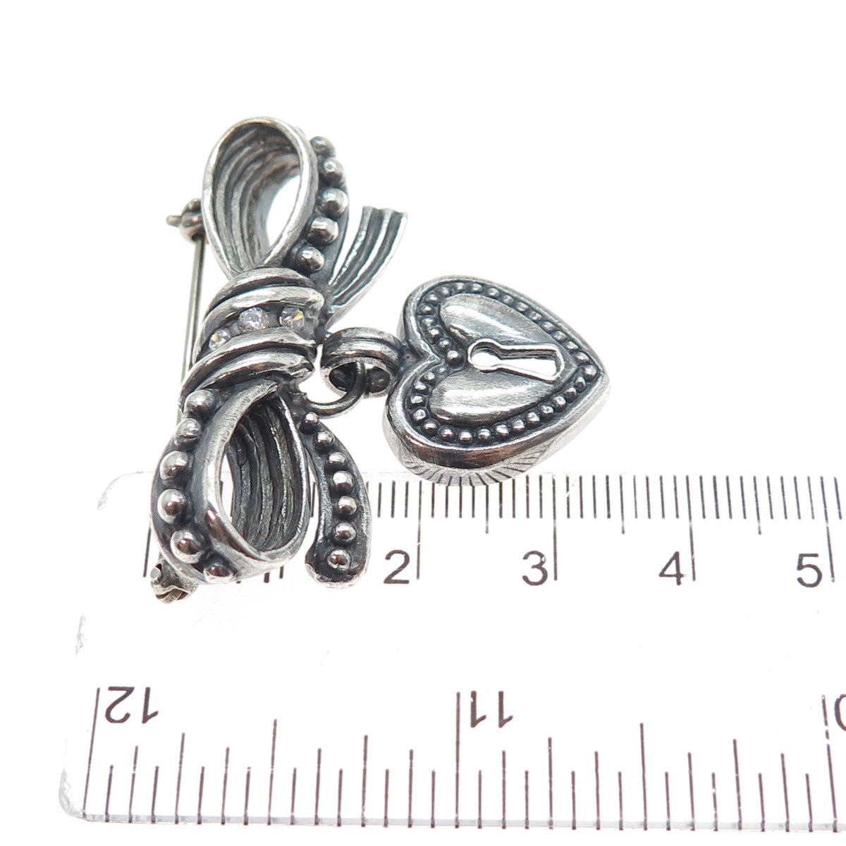 925 Sterling Silver Vintage C Z Ribbon Bow Heart Lock Oxidized Pin Brooch